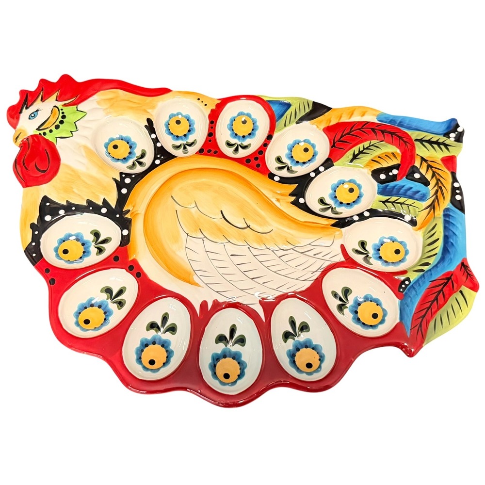 Home‎ Accents Emily Rooster Deviled Egg Platter OS Multicolor Excellent Ceramic